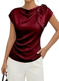 EVALESS Blouses for Women Dressy Casual Trendy Business Work Silk Satin Tops Outfits 2026 Cowl Neck Bow Tie Pleated Cap Short Sleeve Summer Shirts,Red Dahlia Small