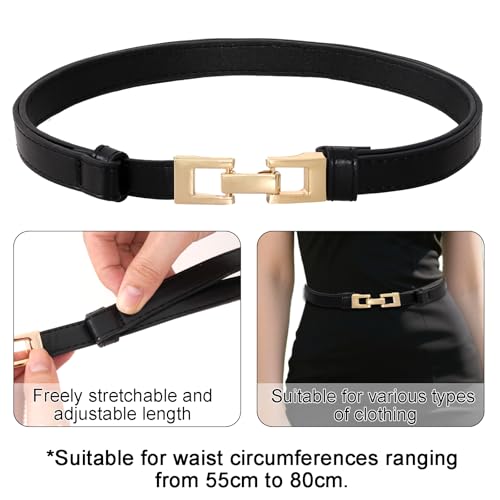 hoyuwak Women's Belts - Adjustable Thin Belt for Women with Gold Buckle, 0.6 Inch Slim Waist Belt for Dresses, Jeans & Office Wear (Recommended waist circumference 21.6-31.5 Inches, Black)2