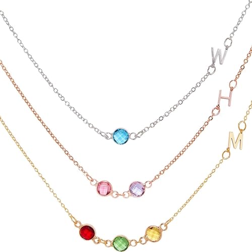 MignonandMignon Personalized Birthstone Necklace Custom Family Jewelry with Initials, Friendship Gift for Women, Best Friend or Bridesmaid Gift for Her with Birth Month Gemstones – SIN-2HBS-NECK