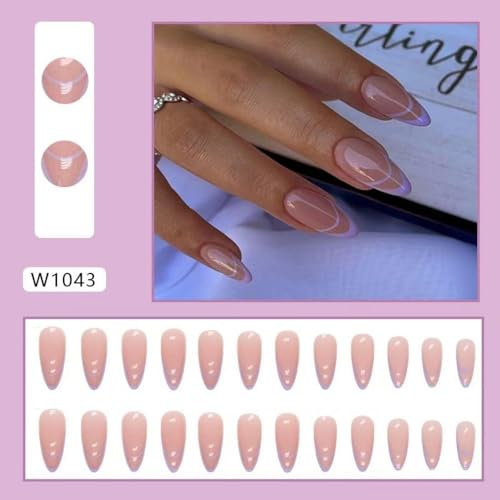 Image of Purple French Tip Press on nails Nude Fake Nials Stiletto False Nails Purple Line Glue on nails Glossy Artificial Acrylic Nial Full Cover Medium Almond Stick on Nials for Women Manicure 24Pcs