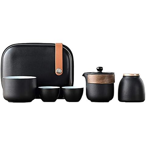 Chinese Tea Set, Ceramic Tea Cup Set, Wood Handle Tea Pot, Black Glaze, with Tea Caddy and Portable Bag Cover