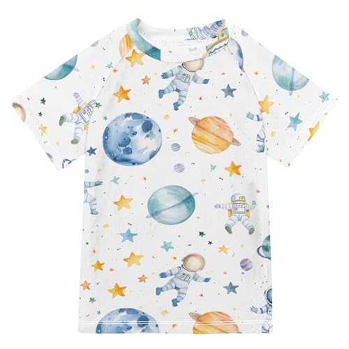 ALAZA Kids Rash Guard Boys Toddler Swim Shirts Short Sleeve Planets Astronauts UPF 50+ 3T