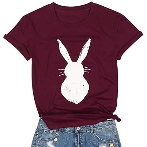 JINTING Easter Bunny Shirt Cute Bunny Graphic Tee Shirts for Women Short Sleeve Letter Print Tee Shirts - Red - Medium Cover