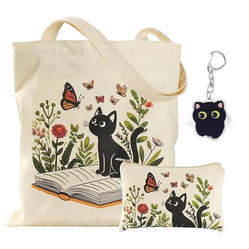 ZXTGBQ Sac Fourre-Tout en Toile Motif Chat et Trousse de Maquillage et Filles Porte-clés Motif Chat Sac Fourre-Tout Reutilisable pour Femmes pour Le Shopping,...