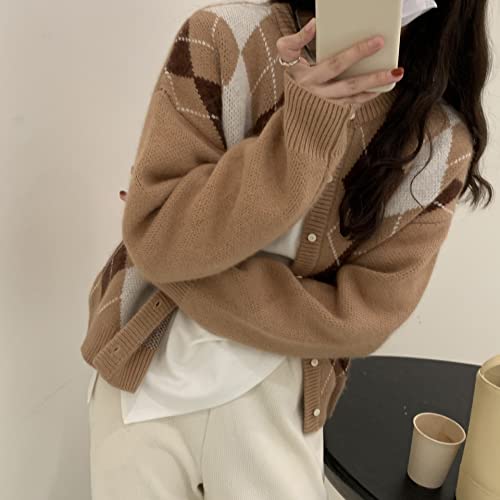 Trendy Fall Sweater for Women 2025 Grunge Argyle Plaid Preppy Y2K E-Girl Cardigan Chunky Knit Vintage Grandpa Sweater3