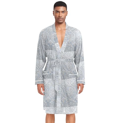 Amooorous Albornoz bohemio retro de moda con estampado floral de cachemira plateado y blanco para hombre, bata de baño clásica de verano, camisa de dormir para hombre, bata de baño para hombre, talla