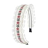 OUTVIE Boho Ethnic Wind Embroidery with Floral Headband Non-slip Elastic White Metal Hairband Wedding Vacation Headband for Woman Girls