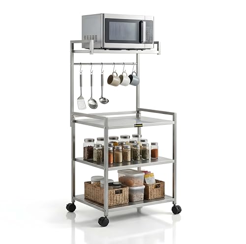Image of Premium 4 Tier Heavy Duty Microwave Rack with Wheels | Metal Kitchen Organizer Stand for Oven, Air Fryer & OTG (MS 4 Silver)