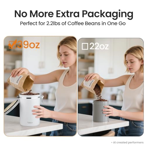 Image of Veken Coffee Canister,39OZ, 2.2lbs,Large Airtight Stainless Steel Container | Date Tracker, Kitchen Food Storage Jars for Beans,Ground, Espresso, Rice,Tea, Sugar, Cereal, Cookie,Gifts, Lids, Scoop, White
