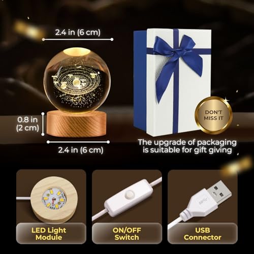 Flexzion 3D Solar System Crystal Ball Night Light - LED Light Hologram Glass Lamp with Solid Wood Base, USB Powered Crystal Ball Lamp w/Adjustable Brightness for Home Decor Display Gift,2.4inch(60mm) - Image 6