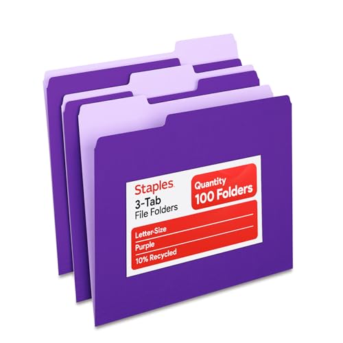 Staples File Folders, Letter Size, 1/3‑Cut Tabs, Purple, Durable 10.5‑Point Paper Stock, 100/Pack