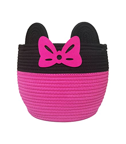 Image of BEZJIXHH Pink Bowknot Baby Toy Storage Basket - Cotton Rope Woven Nursery Hamper Bin With Handles - Organizer for Living Room, Bathroom - 10.5"x10.5"x9.5"