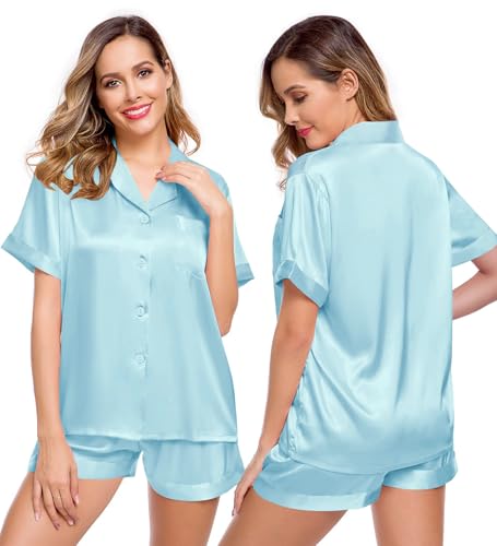 Image of LecGee Womens Silk Satin Pajamas Set Button Down Short Sleeve Pj Sets 2 Pcs Loungewear XS-XXL, Light Blue X-Small