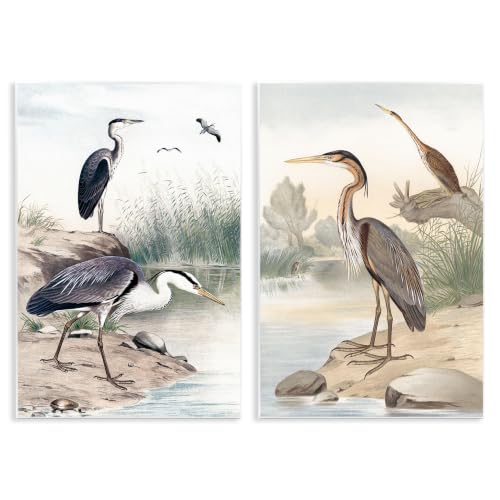 Image of Elegant Heron River Edge, 13 x 19 Inch Mounted Print on Wall Plaque Set