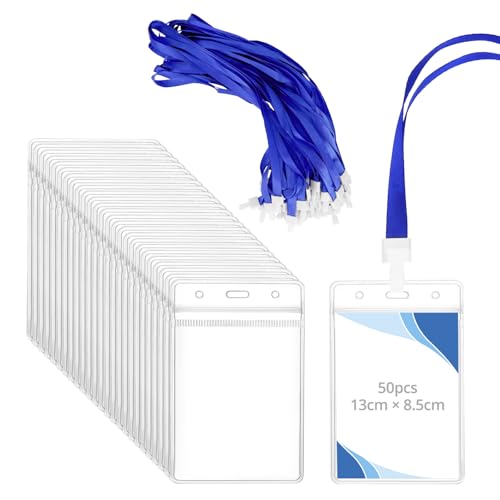 QWORK® Set de 50 Etiquetas Verticales Transparente 130 * 85mm para Tarjetas y Cordones Azules con Gancho Giratorio para Escuela, Eventos y Más