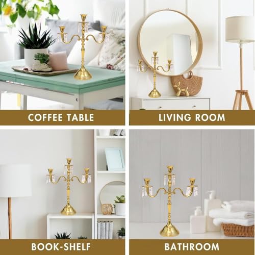 Image of Premium 16 Inch Golden Aluminum 3-Arm Candle Stand with Crystal Hangings | Luxury Centerpiece for Home Decor, Weddings, Festive Decoration & Dining Table