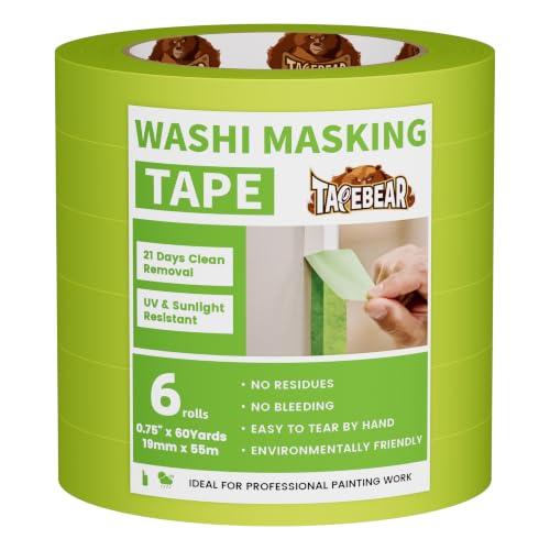 Image of TAPEBEAR Advanced Painters Tape, 21-Days Clean Removal Green Washi Masking Tape 0.75 inch x 60Yards, Medium Adhesion, Indoor Outdoor Multi-Surface Painting with Sharp Lines for Car /Wall Painting, 6Roll