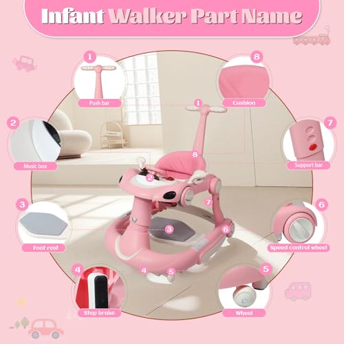 Baby Walker, 4-in-1 Baby Walker with Wheels Portable, Foldable Infant Toddler Walker for Boys Girls 6-18 Month,Removable Footrest,Car Steering Wheel & Music, Adjustable Push Walker Pink - Thumbnail 6