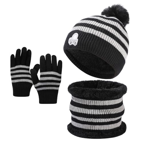Bonnet à pompon enfant hiver doublé polaire avec écharpe chaude tricotée