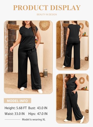 Eytino Womens Plus Size 2 Piece Tracksuit Outfit Casual Cap Sleeve Tops High Waist Pants Lounge Sets3