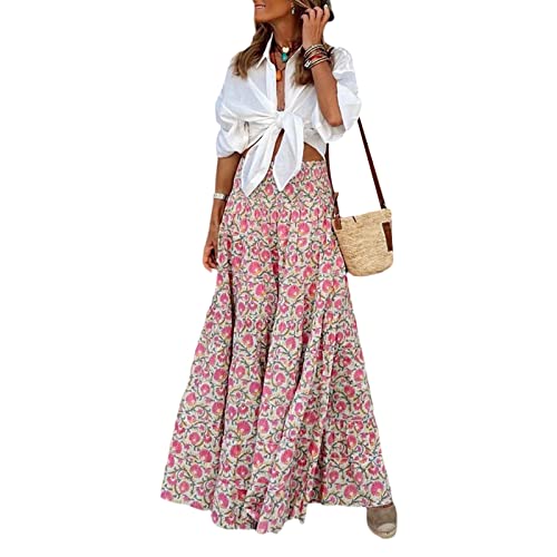 Womens Flowy Maxi Skirt Vintage Floral Print High Waist Elastic A Line Boho Beach Holiday Long Skirts