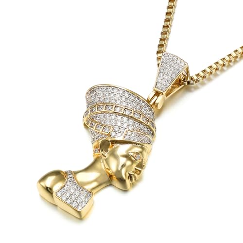 Necklace for Women Egyptian Pharaoh Nefertiti Pendant Necklace Gold Plated 18K with Zirconia Jewelry