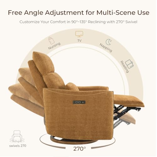 Image of CHITA Power Swivel Glider Recliner Chair, Dual Motor Nursery Glider, Cognac | Nursery Rocking Chair with Adjustable Power Headrest, FSC Certified Solid Wood Base, for Bedroom, Living Room