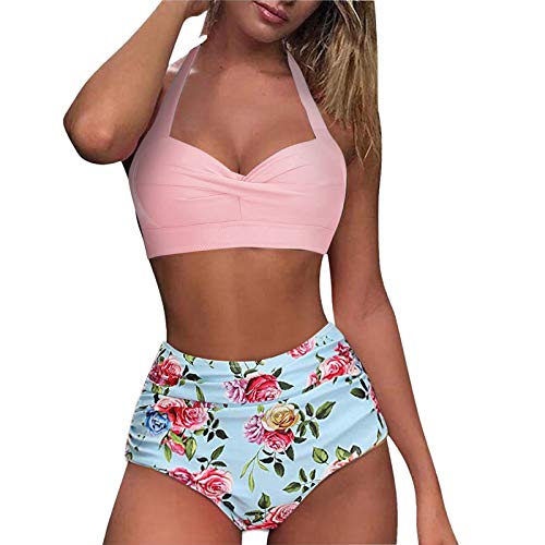 Gkojhj Maillot de bain 2 pièces avec dos nu pour femme - Taille haute - Avec découpes décoratives - 2 pièces, Motif fleurs - Rose, L