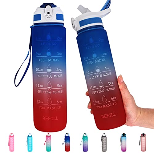 Gold Armour 32oz Motivational Water Bottle with Time Marker, Leakproof BPA Free Daily Water Reminder to Ensure You Drink Enough Water Daily (Blue & Red Gradient)