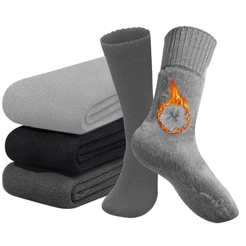 BananaHome 3 pcs Super Thick Wool Socks Mens Winter Fleece Socks-Autumn and Winter Supe Thickened Solid (UAE/KSA Alpha One Size Regular Regular black+grey+dark grey)
