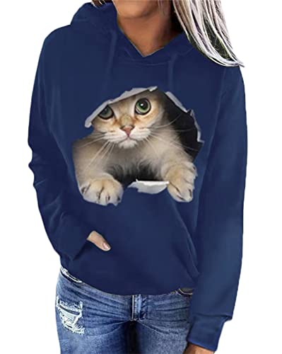ticticlily Sweat Femme à Capuche Beau Casual Manches Longues Pull Tunique Motif Chat Sweatshirt Femme Hoodies avec Poche Bleu M Cover