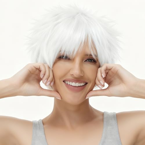 Perruque coupe dégradée blanche avec frange en cheveux synthétiques souples