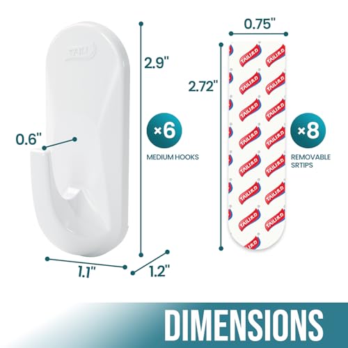 Image of TAILI Hooks for Hanging,6 Sticky Hooks & 8 Adhesive Strips Holds up 3 lb | White Utility Hooks for Painted Wall, No Damage Heavy Duty, Removable & Reusable for Door, Dorm, Clothes, Kitchen