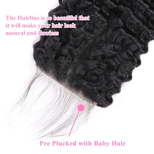 5x5 HD Lace Deep Wave Ultra-thin Transparent Lace Closure 12A Brazilian Virgin Human Hair Closure Free Part Pre Plucked with Baby Hair Natural Black 16 Inch