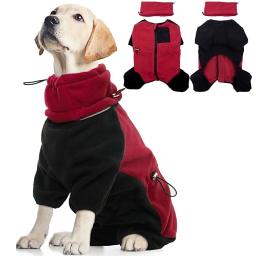 Hundejacke Winter, Winterkleidung Hund Pulli Rollkragen Mantel mit 4-Beinen & Abnehmbar Hals und Ohrenwärmer Hundemantel Fleece Winddicht Warm Hunde Overall Frühling Winter Herbst Kleidung(Rot, L)