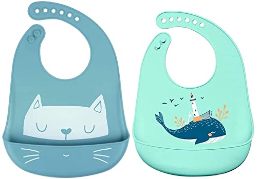 2 Baberos Bebe Impermeables - Cosas Silicona Alimentación para Recién Nacidos, Niños - Accesorio Recolector de Migas de Alimentos Suave y Flexible