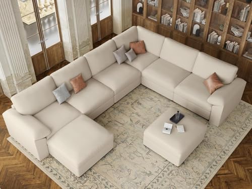 Image of EASE MOOSE Faux Leather Sectional Couch, Oversized Modular Sofa, Modern Comfy Modular Couch, Scratch Resistant Material Sofas, U Shaped Couch for Big Spaces, Beige