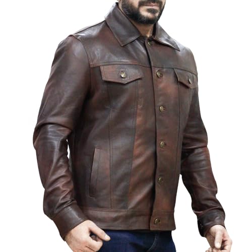 Image of Men's Genuine Leather Trucker Jacket Vintage Motorcycle Black Western Biker Slim Fit Trucker Jacket