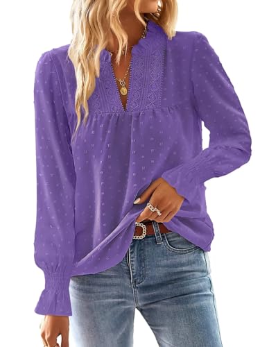 TUUHAW Ropa de Mujer Boho Manga Larga de Volantes Otoño Camiseta Elegante con Cuello en V Encaje Informal Punto Suizo Casual Túnica Suelto Blusa Invierno Camisa Morado M