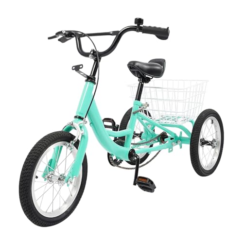 AHSSBSA Triciclo infantil de 14 pulgadas para niños a partir de 5 – 6 años, sillín de manillar ajustable en altura, gran cesta trasera, pedales antideslizantes con reflectores, soporta hasta 50 kg