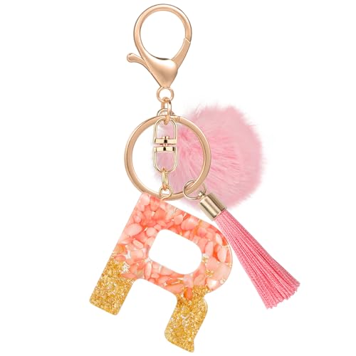 MWOOT Nombre Letra inicial R Llavero, Rosa Llaveros de Coche para Mujeres, Encantos Resina para Llave de Puerta Llave del Coche Decoración del Bolso