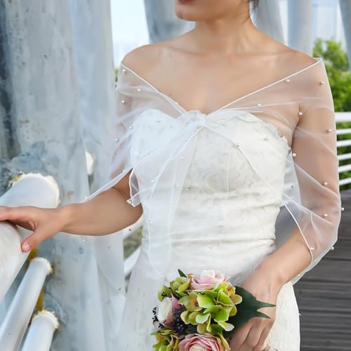 Pearl Sheer Shawl, White Pearl Shawl Soft Tulle Bridal Cape Wedding Scarf Lightweight Women Dress Topper for Evening Dresses Wedding, Formal Party4
