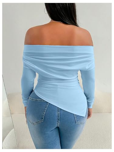 SweatyRocks Women's Long Sleeve Off The Shoulder Asymmetrical Ruched Slim Fit T Shirt Top2