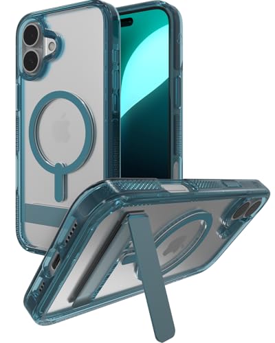 Image of ZAGG Santa Cruz Snap with Kickstand Case for iPhone 16 Plus - MagSafe Compatible, 13ft Military-Grade Drop Protection, Reinforced with Graphene, Slim Clear Case with Vibrant Color Accents, Retro Blue