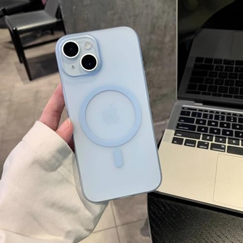 Coque iPhone 15 Plus transparente magnétique bleu clair accessoire charge sans fil