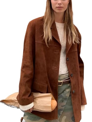 Women’s Brown Suede Leather Blazer Jacket - Oversized Casual Coat Streetwear Style3