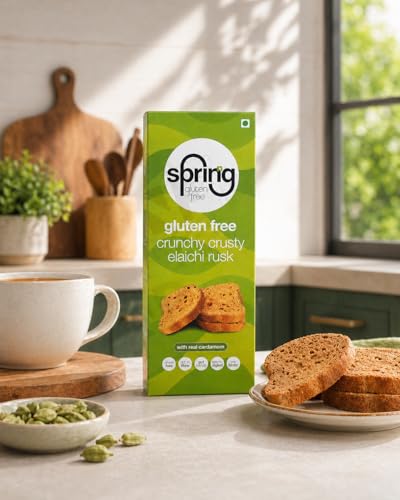 Image of Sprinng Gluten Free Eggless Elaichi Rusk, Pack of 2, (75gm*2), Wheat Free, Rich in Fibre, Pre biotic, No Maida, Vegetarian Snack, Healthy Diet Biscuit for Family, Certified Gluten-Free, Made in Celiac-Safe Facility.