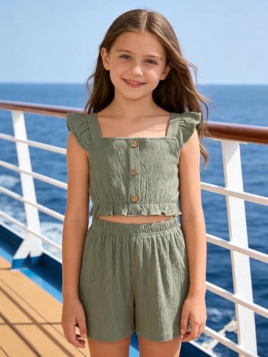 Image of Girl's Summer Clothing Sets Knit Ruffle Striped T-Shirt and Shorts 2 Piece Outfits