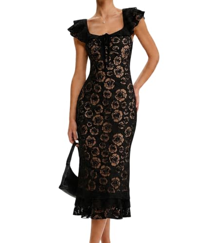 RIHOAS Women's Black Lace Midi Dress Wedding Guest Cocktail Formal Garden