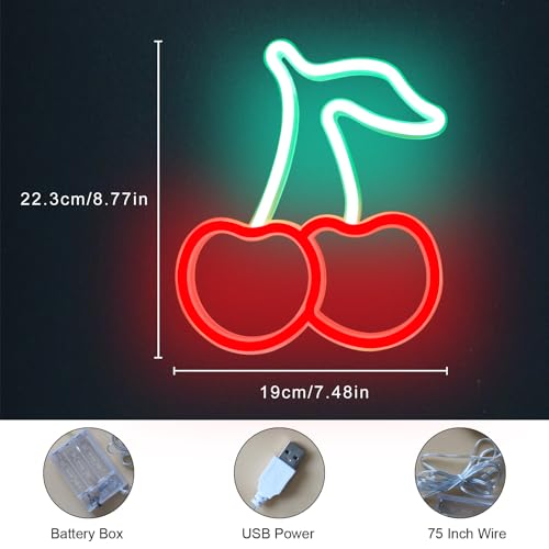 Image of Cherry Neon Sign Red Green Cherries Neon Lights Cute Fruits LED Signs for Kids Room Restaurant Bar Fruit Shop USB Battery Neon Signs for Wall Decor